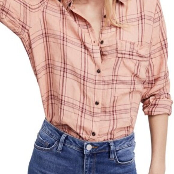 Free People No Limits Plaid Linen Peach Combo Button Up Top Medium - Picture 3 of 10